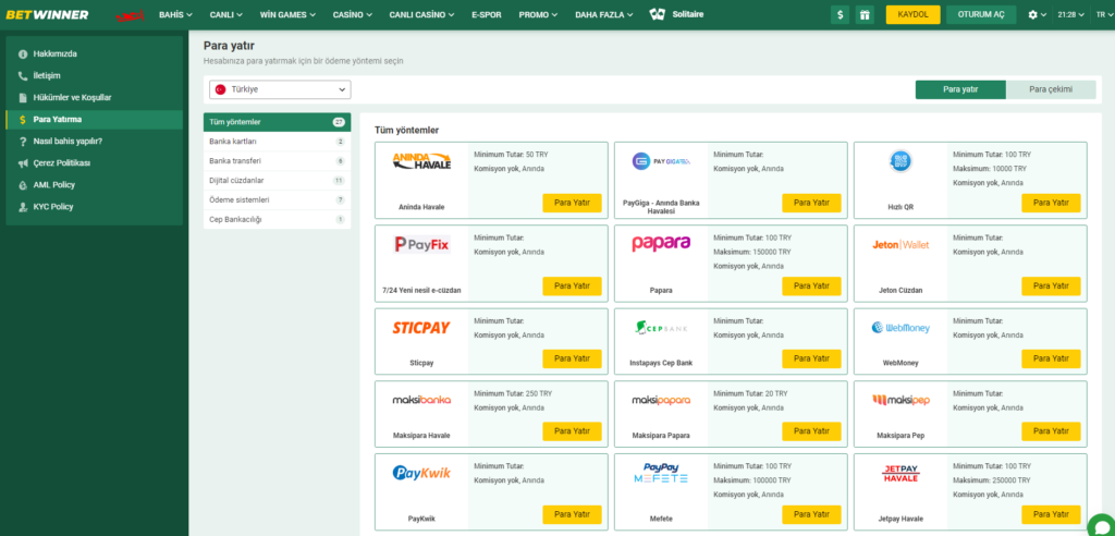 Betwinner Ödeme Yöntemleri